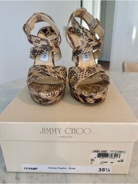 Jimmy Choo Snakeskin Platform Strappy Heels in Nude/Brown